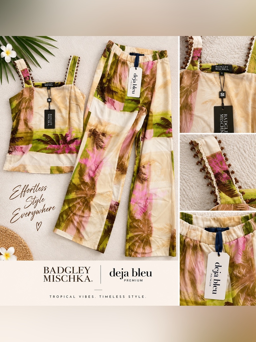 Badgley Mischka Deja Bleu Pink & Green Tropical Wide-Leg Pants NWT size small